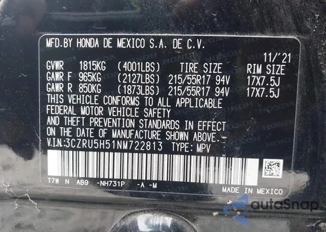 2022 Honda Hr-V 2Wd Ex from USA, damaged, VIN 3CZRU5H51NM722813